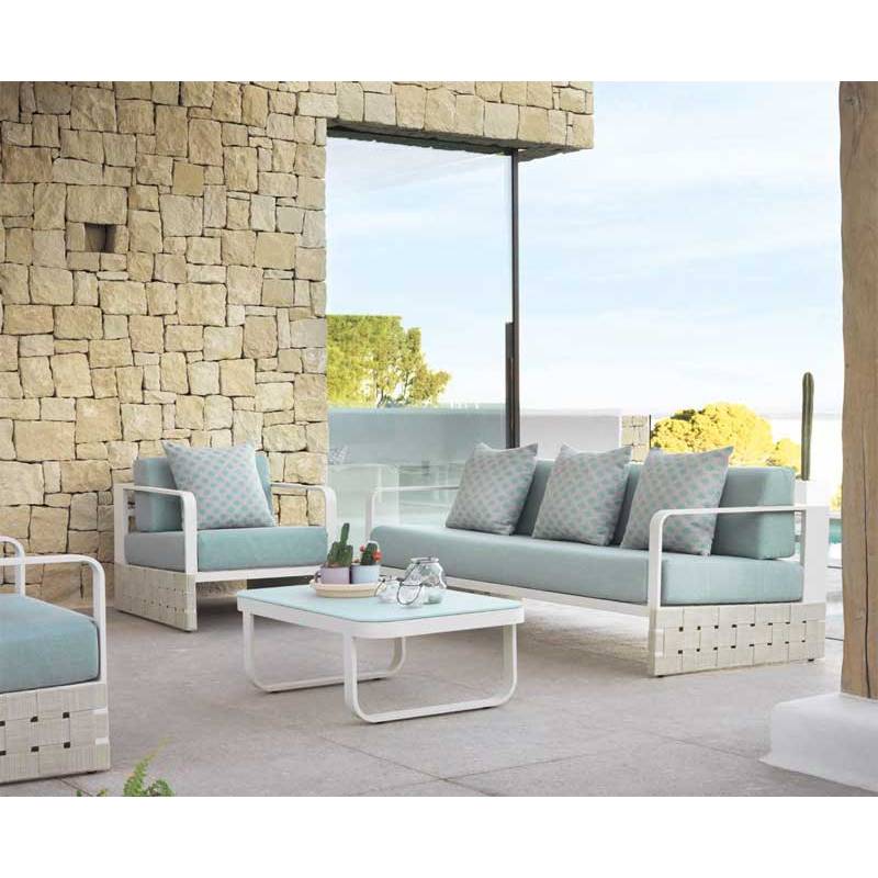 juntos Sacrificio defensa Set para exterior de aluminio y cinta blanca con 2 sillones, sofá 3 plazas  y mesa de centro modelo kurve - Maison de Luxe
